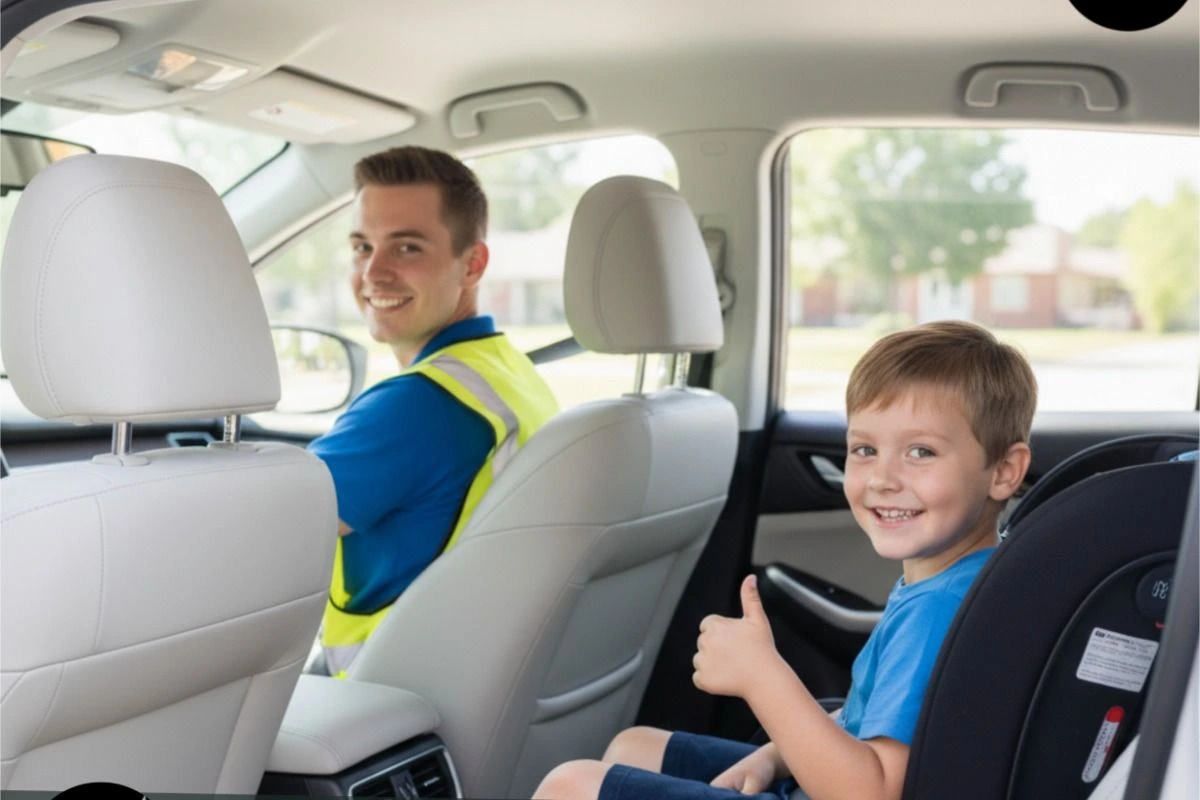 Kindersitz und geprüftes Fahrzeug für sichere Schülerfahrten