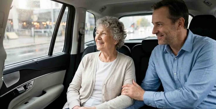 Seniorin wird mit Einkaufstaschen sicher von Taxi Dani nach Hause begleitet